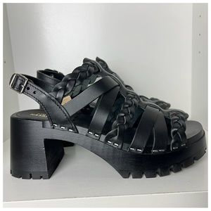 Swedish Hasbeens Black Leather Sandals Wooden Clog - Size 8